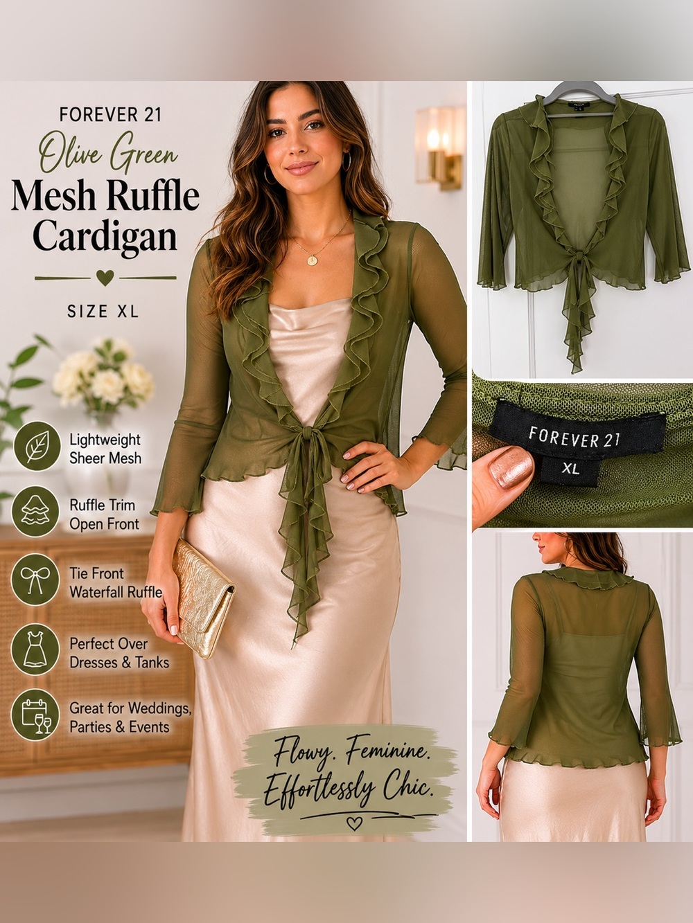 Forever 21 Olive Green Mesh Ruffle Tie Front Cardigan XL Sheer Bolero
